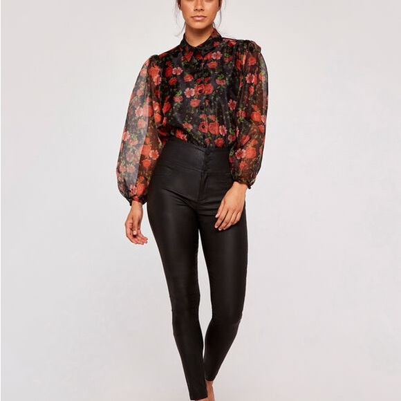 ♥️ Blashe Sheer Dramatic Floral Puff Sleeve Blouse - Picture 2 of 10